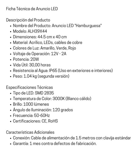 Letrero Led Neon Hamburguesa Anuncio Snack