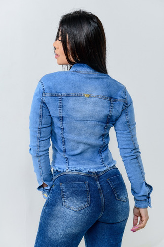 Imagem 2 de 9 de Jaqueta Jeans Feminina Azul Casaco Cropped