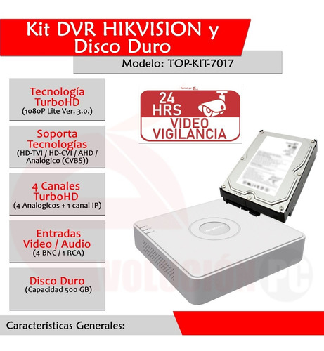Imagen 3 de 7 de Kit Vigilancia Dvr 1080p Lite Hikvision Y Disco Duro 500gb