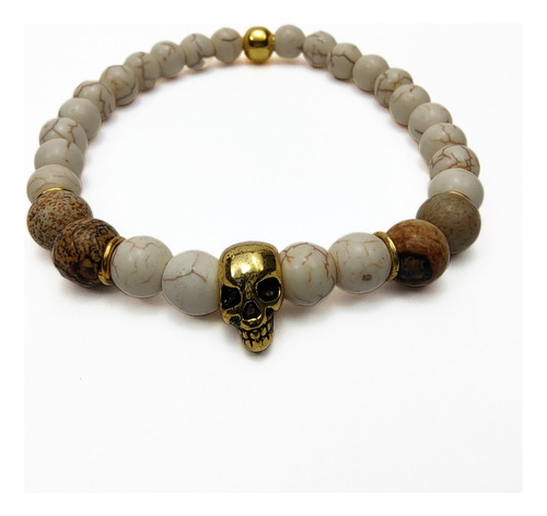 Pulsera De Hombre Jaspe Madera + Dije Calavera