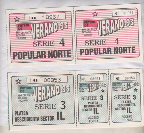 2 Entradas Futbol -.torneo De Verano Mar Del Plata  Año 1993