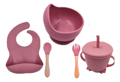 Set Babero/cuchara/tenedor/vaso/tazón Silicona Para Bebé