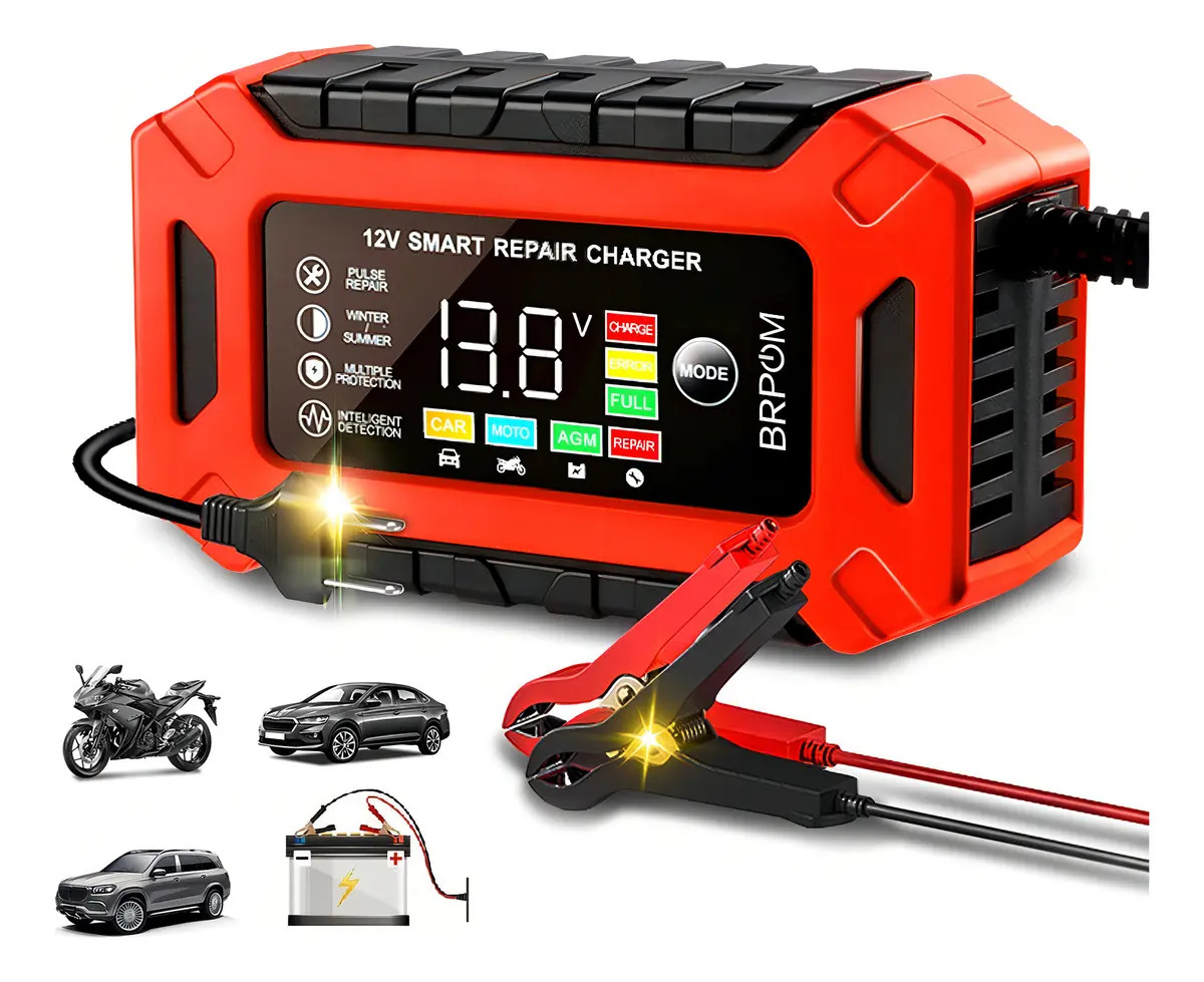Imagen de 12v Cargador Rápido Inteligente Brpom Cargador Con Reparación De Pulso Para Automóvil, Moto, Camión Cortacésped Calcium Gel Agm Mf Sla Efb Vrla Baterías Ml163 Rojo Y Negro