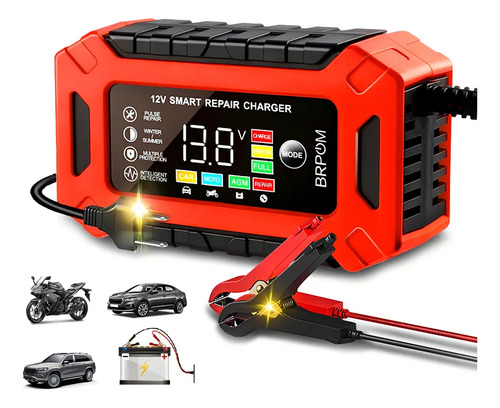 12v Cargador Rápido Inteligente Brpom Cargador Con Reparación De Pulso Para Automóvil, Moto, Camión Cortacésped Calcium Gel Agm Mf Sla Efb Vrla Baterías Ml163 Rojo Y Negro