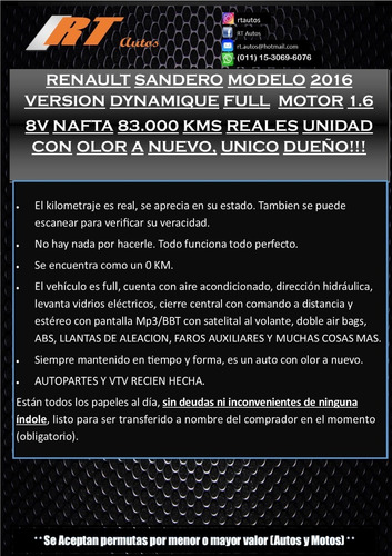 Renault Sandero 2016 Dynamique Full 83m Kms Unico Dueño!!!