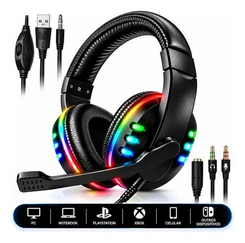 Headset Gamer RGB Led Com Microfone P2 P/ PC PS3 PS4 PS5 Xbox Celular Notebook Surround 5.1 Com Adaptador Landara