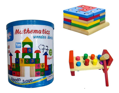 Combo 3 Brinquedos Educativo Madeira Formas Torre Montanha