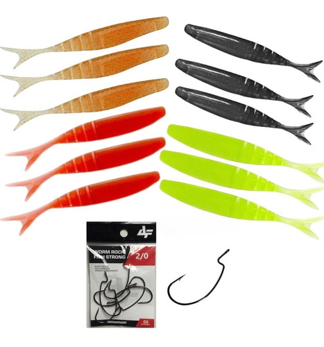 Kit Iscas Softbass Monster 3x Kit M Action Slow Shad + Anzol