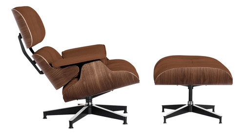 Poltrona Charles Eames Com Banqueta Couro Natural Legítimo Cor Imbuia - Cappuccino Desenho Do Tecido Liso