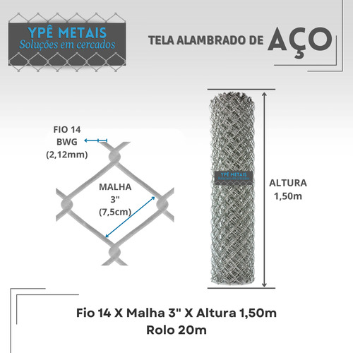 Tela Alambrado Aço Galvanizado Fio 14 X 3 X 1,5m Rolo 20m