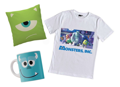 Combo Monsters Inc University Remera Con Taza Y Almohada