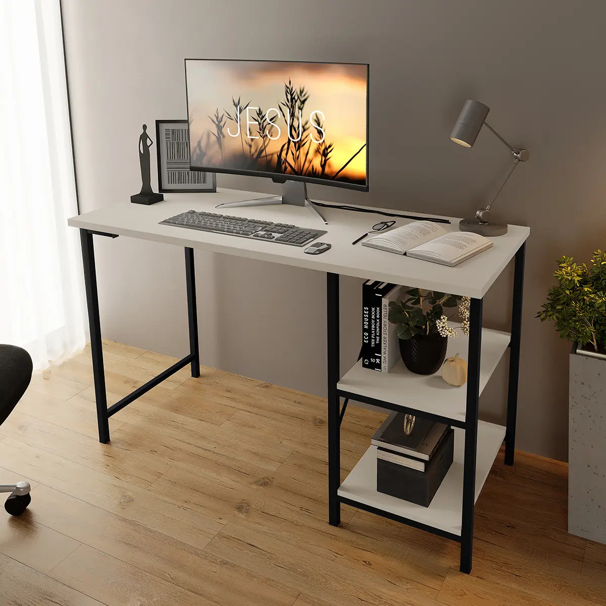Mesa Escrivaninha Mesa Office Estudo Estilo Industrial Cor Preto Off White 1,10m Klm
