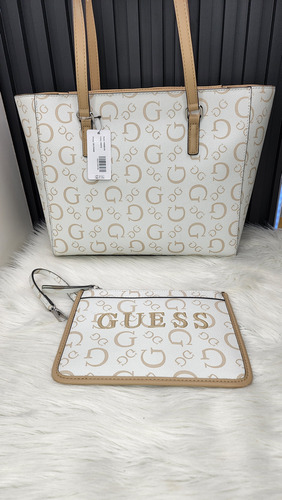 Bolsa Guess Hh948127 Nueva 100 % Original Con Etiqueta Blanco Estampado Níquel Beige