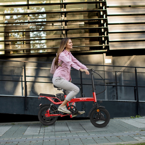 INLIFE C5 Bicicleta Eléctrica Plegable Con Dos Asientos & Batería Removible para Adultos, Potencia Máxima del Motor 800W, Velocidad Máxima 32KM/H, Autonomía 30-40KM, Batería 10AH, Color Rojo