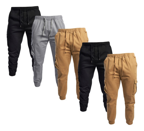 Pack 5 Joggers Tipo Cargo Gabardina Stretch Hombre Bolsas