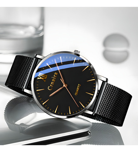 Reloj Hombre De Cuarzo Casual Simplicidad Negro Correa Malla
