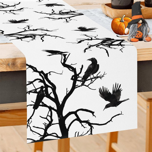 Camino De Mesa De Halloween, Ramas De Árbol, Cuervos, Otoño,