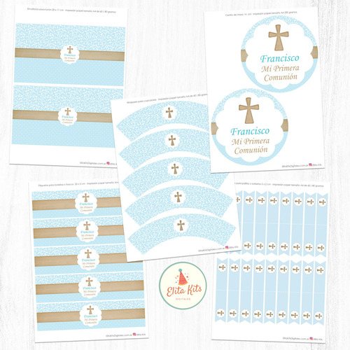 Kit Imprimible Comunión Celeste + Banner, Personalizado