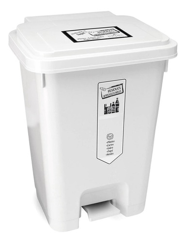 Caneca Reciclaje Grande 35l Plástica Papelera De Pedal Color Blanco