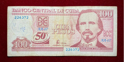 Billete 100 Pesos Cuba 2000 Pick 120 50 Aniv Banca Central