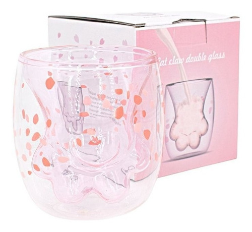 Taza Vaso Doble Vidrio Pata Sakura Gato Transparente