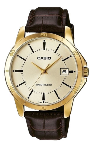 Reloj pulsera Casio MTP-V004 con correa de cuero color marrón - fondo dorado