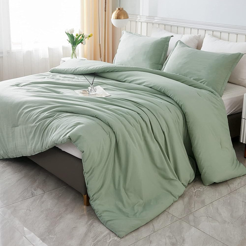 Litanika King Size Edredón Set Verde Salvia, 3 Piezas Boho B
