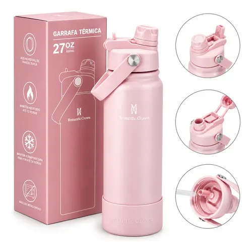 Botella Térmica 800ml Acero Inox 304 Antiderrame Doble Pico Rosa Claro