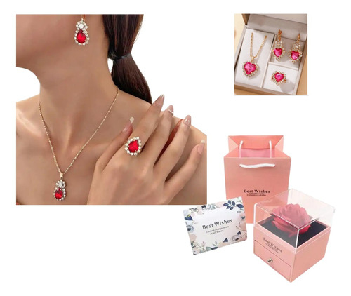 Juego Joyas Aretes Cadena Anillo Mujer + Joyero Rosa Eterna