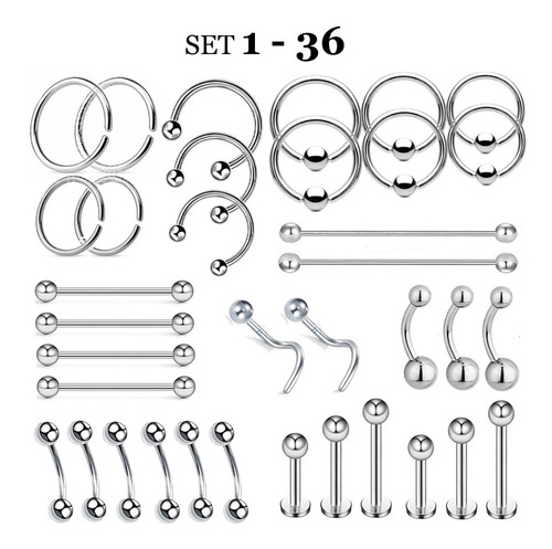 Set 36 Piercing De Boca Nariz Oreja Ombligo Acero Quirúrgico