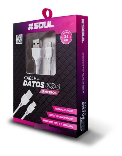 Imagen 2 de 2 de Cable Datos Tipo C 3 Metros Soul Usb Apto Carga Rapida