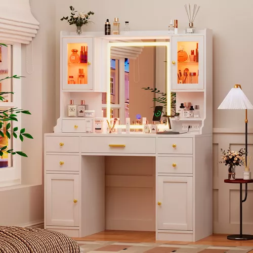 Tocador de maquillaje grande con luces, 3 modos de iluminación, mesa de  tocador moderna con espejo y 12 bombillas, mesa de maquillaje blanca con