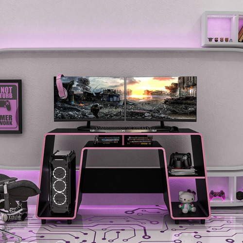 Mesa Gamer London 1 Prateleira Preto/rosa - Politorno Cor Preto