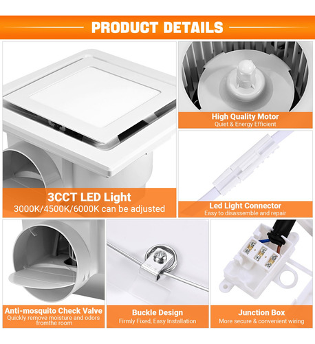 Bathroom Exhaust Fan With Led Light Feiton Square 30w 110cfm