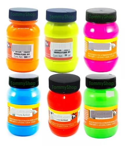 Set Pintura Acrilica Politec Botes Neon Fluorescente 100 Ml