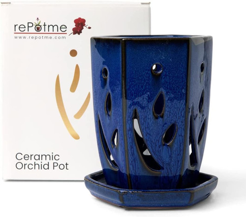 Maceta Hexagonal De Ceramica Para Orquideas 10cmx15cm-azul 