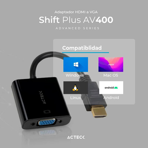 Adaptador Acteck Shift Plus Av400 Hdmi A Vga Negro Ac-934756