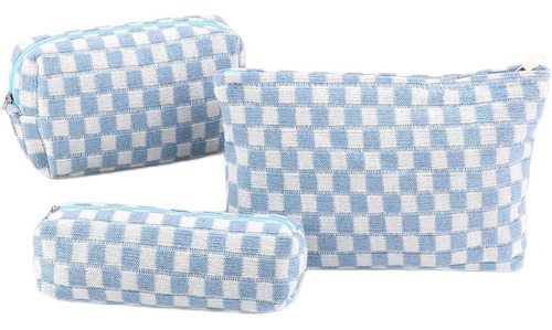Bolsa De Maquillaje De 3 Piezas A Cuadros De Color Azul Blue