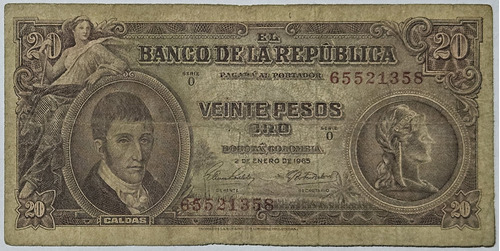 Billete 20 Pesos 02/ene/1965 Colombia Fine
