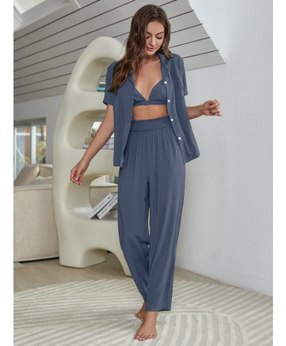 Conjunto De Pijama De Tres Piezas Tipo Cárdigan De Manga Cor