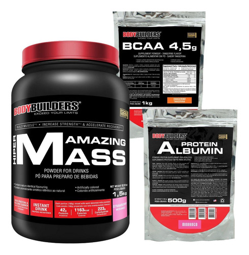 Combo Suplementos Amazing Mass, Albumina E Bcaa - Morango