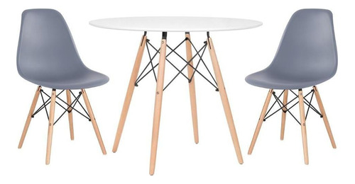 Kit Mesa Jantar Eames Wood  90 Cm E 2 Cadeiras Eames Eiffel Cor Da Tampa Mesa Branco Com Cadeiras Cinza Escuro