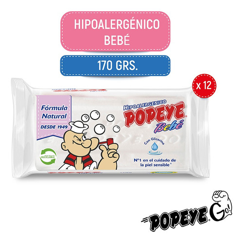 Jabón De Lavar Barra Hipoalergénico Popeye Bebé 12 X 170grs