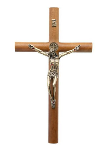 Crucifixo Madeira Redonda Medalha De São Bento - Parede 26cm