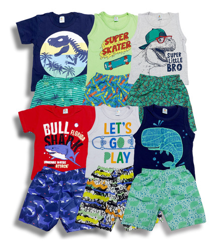 Kit 6 Conjunto Roupa Infantil Menino Shorts Tactel Atacado