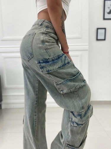 Jean Wide Leg Cargo Rigido Palm Tiro Bajo Mujer