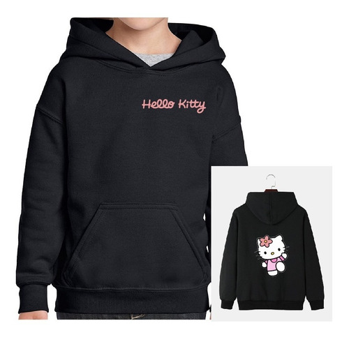 Buzo Canguro Hoodie Negro Hello Kitty Estampas Logo - Unisex