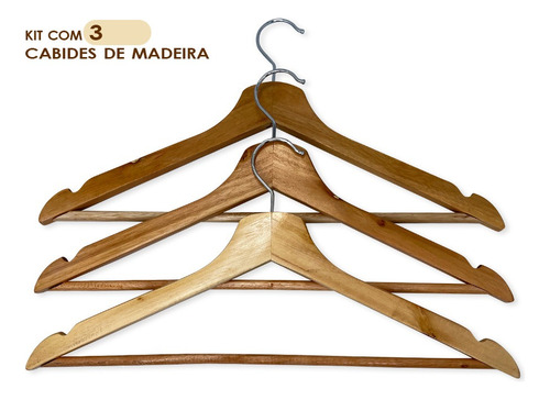 Kit 3 Cabide Unidades De Madeira Marfim Com Verniz
