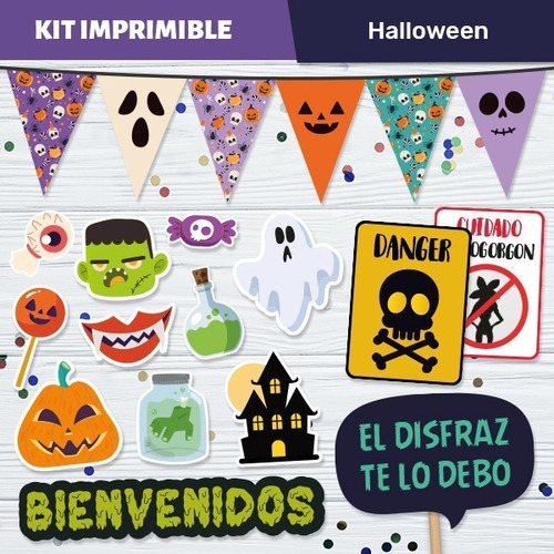 Kit Imprimible Halloween - Decoración + Photo Props Frases