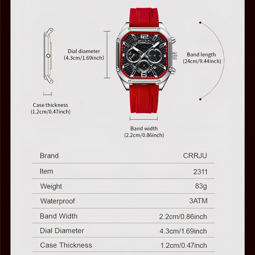 Relógio De Calendário Quadrado Crrju Business Chronograph Cor Da Correia Vermelho